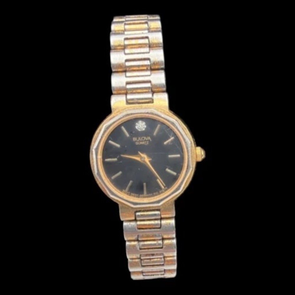 Bulova Women's Watch Quartz Analog Gold Tone Black Dial Untested 7"Wrist